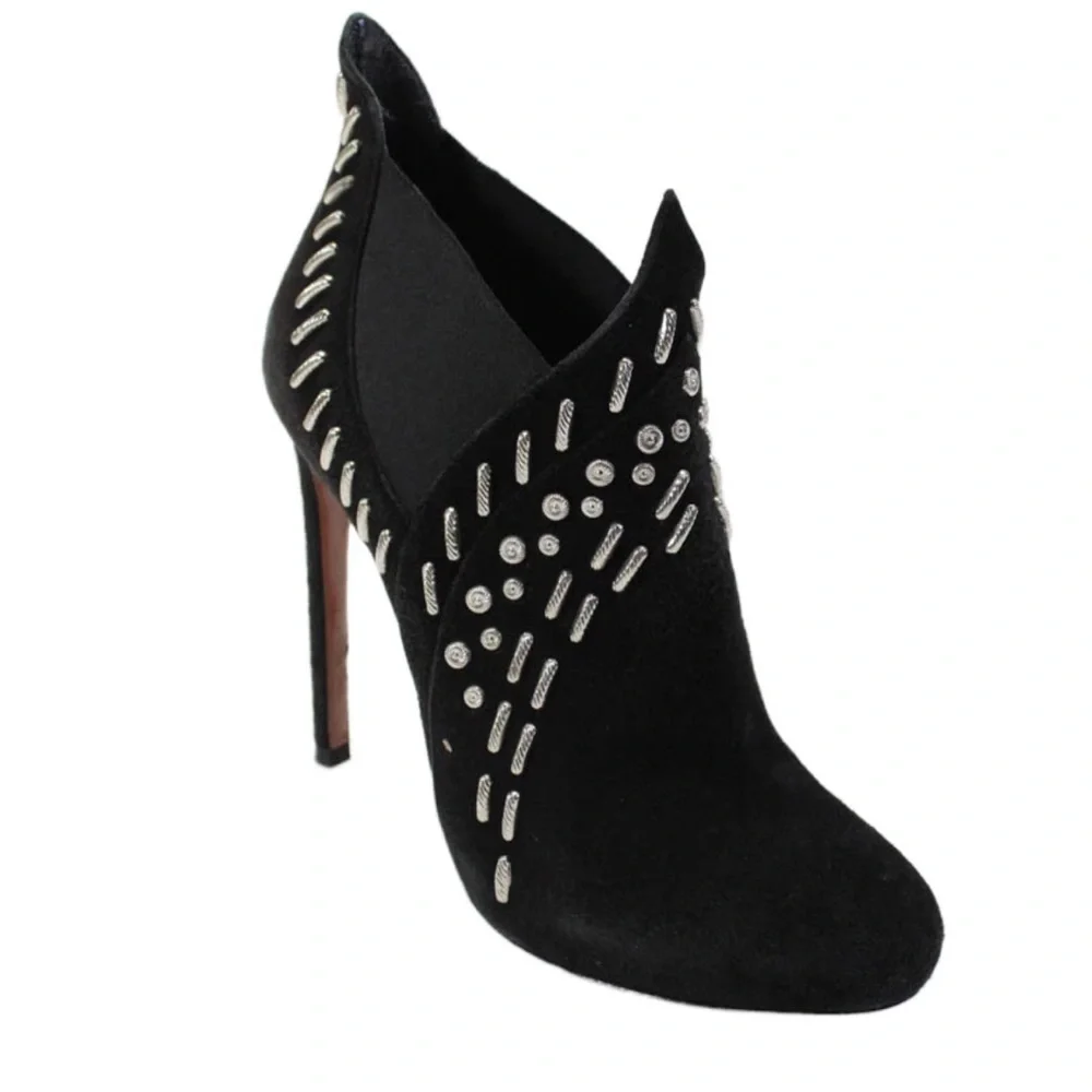 Alaia Womens 4” Stiletto Round Toe Studded Booties Black Suede Size 36.5 - Picture 6 of 6